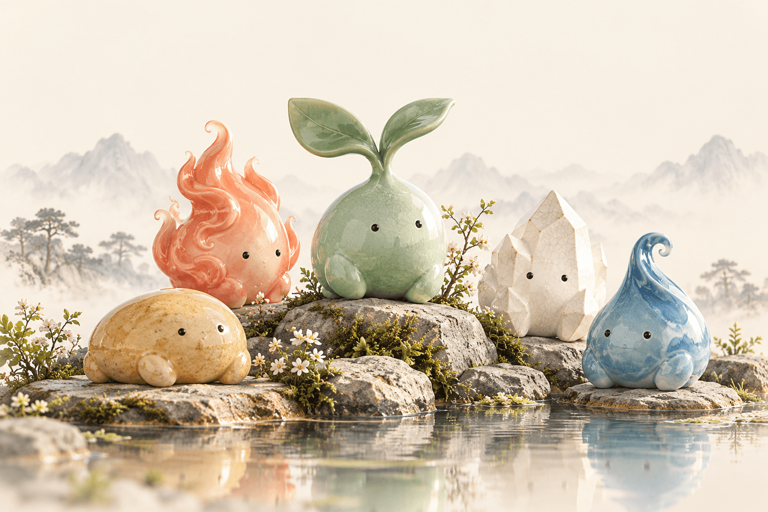Five ceramic spirits representing Wood, Fire, Earth, Metal and Water in a Korean-inspired garden